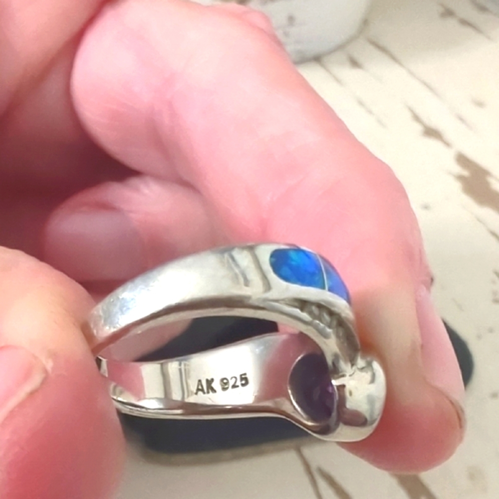 Vintage Sterling Silver Amethyst & Opal Inlay Ring – Size [ 6 ] - Picture 2 of 7